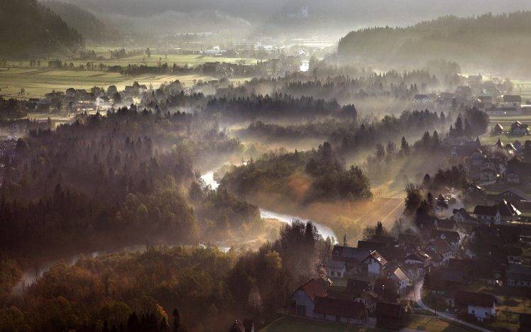 nature, Landscape, Mist, Morning, Sun Rays, Forest, River, Town, Field, Sunrise, Aerial View, Hill HD Wallpaper Desktop Background