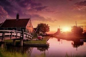 nature, Landscape, Netherlands, Sunset, Windmills, Canal, Bridge, Water, House, Clouds, Zaanse Schans