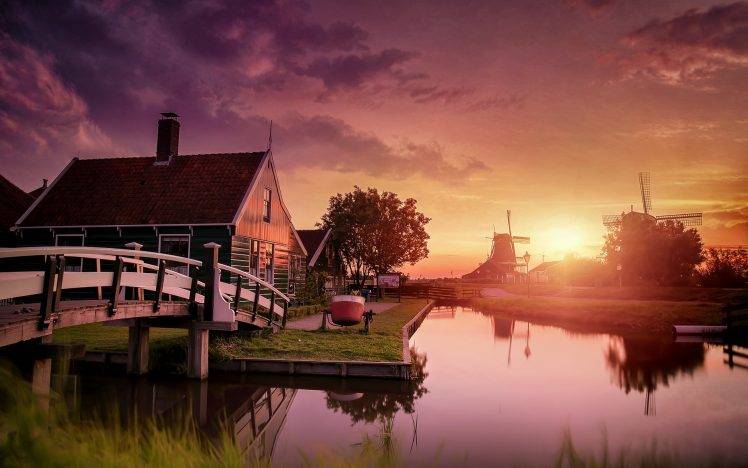 nature, Landscape, Netherlands, Sunset, Windmills, Canal, Bridge, Water, House, Clouds, Zaanse Schans HD Wallpaper Desktop Background