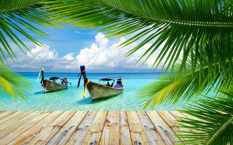 nature, Landscape, Beach, Tropical, Palm Trees, Walkway, Boat, Thailand, Sea, Summer, Clouds HD Wallpaper Desktop Background