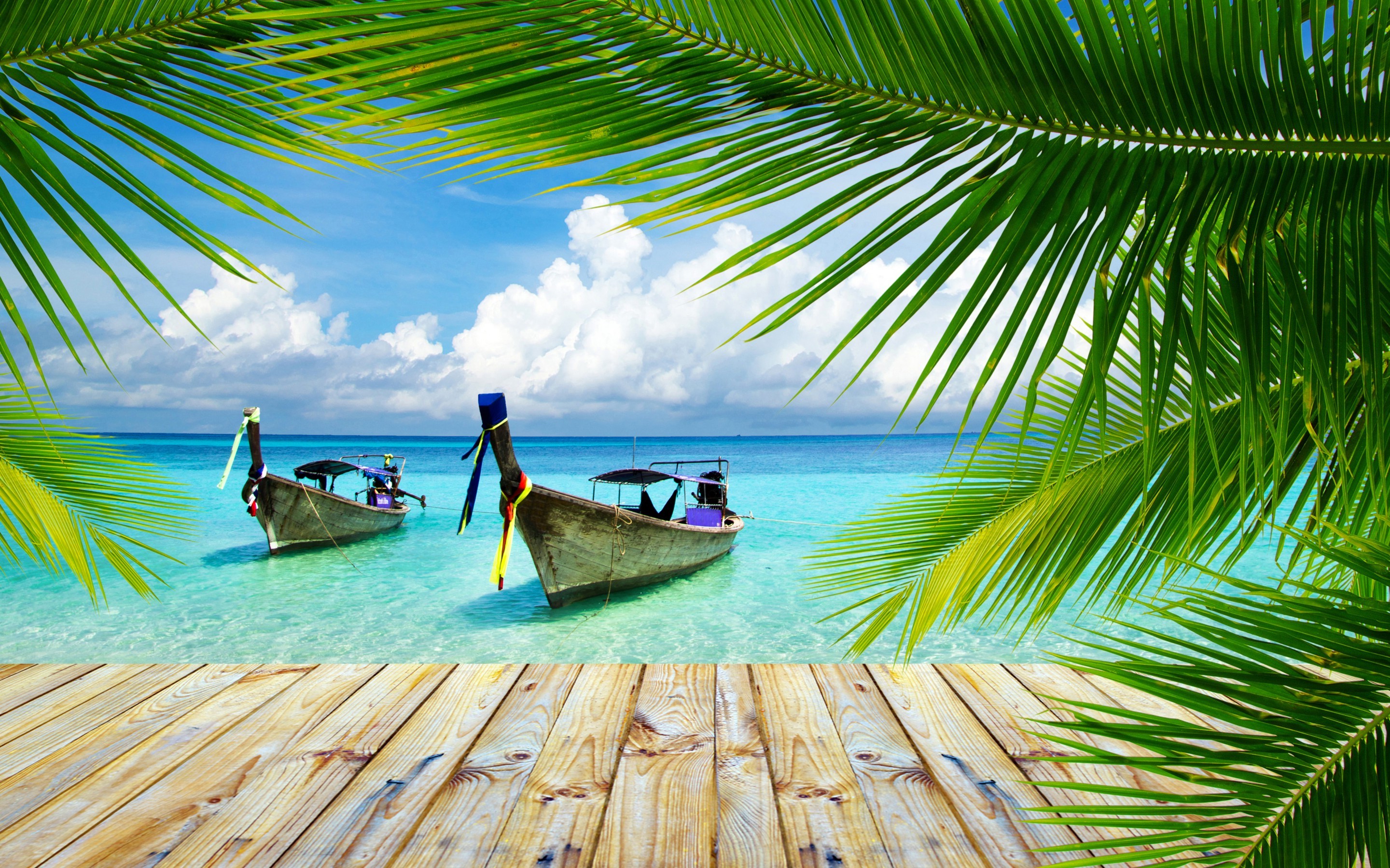 Nature Landscape Beach Tropical Palm Trees Walkway Boat Thailand