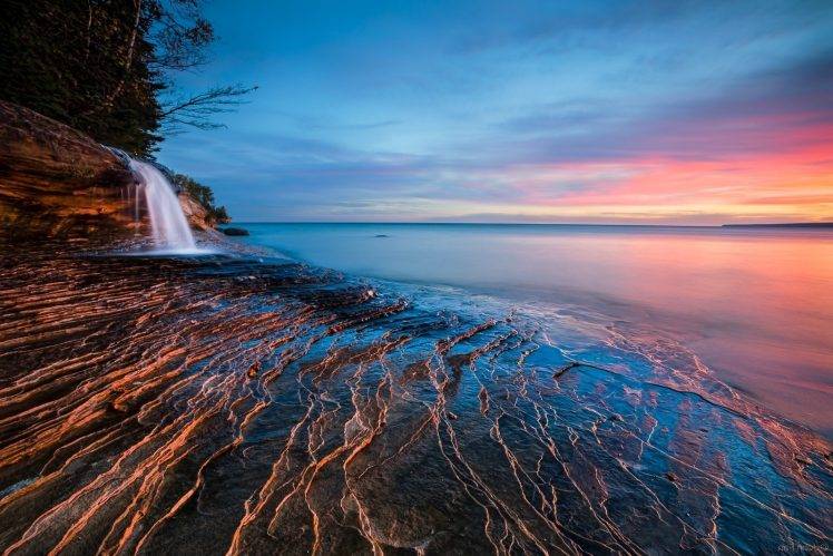 nature, Landscape, Sunset, Lake, Waterfall, Clouds, Water, Beach, Blue, Pink HD Wallpaper Desktop Background