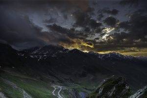 nature, Landscape, Valley, Sunset, Road, Mountain, France, Clouds, Snowy Peak, Dark