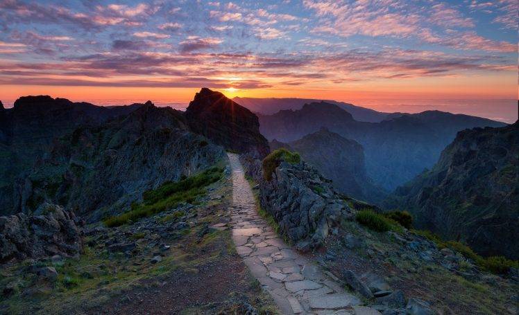 nature, Landscape, Mountain, Sunset, Hiking, Path, Clouds, Portugal, Mist HD Wallpaper Desktop Background