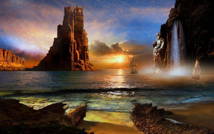 mist, Nature, Landscape, Digital Art, Beach, Rock, Cliff, Sailboats, Waterfall, Sea, Sunset, Stars, Clouds, Sand, Statue HD Wallpaper Desktop Background
