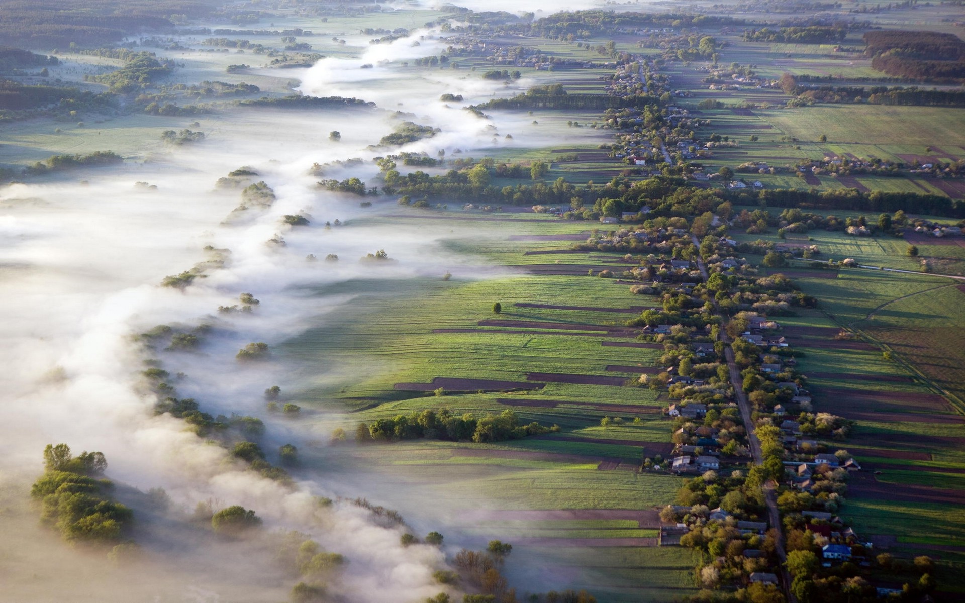 nature, Landscape, Aerial View, Mist, Villages, Field, Road, Morning, Ukraine Wallpaper
