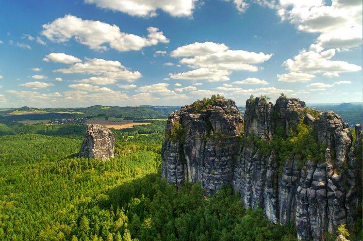 nature, Landscape, Forest, Rock, Clouds, Cliff, Valley, Villages HD Wallpaper Desktop Background