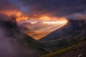 landscape, Nature, Glacier National Park, Sunrise, Mountain, Forest, Valley, Mist, Sun Rays, Clouds, Sunlight
