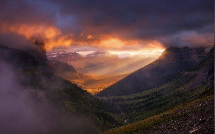 landscape, Nature, Glacier National Park, Sunrise, Mountain, Forest, Valley, Mist, Sun Rays, Clouds, Sunlight HD Wallpaper Desktop Background