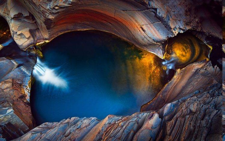 landscape, Nature, Canyon, Waterfall, Erosion, Water, Colorful, Blue, Gold, Australia, National Park HD Wallpaper Desktop Background