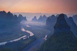 nature, Landscape, River, Mist, China, Mountain, Forest, Sunrise