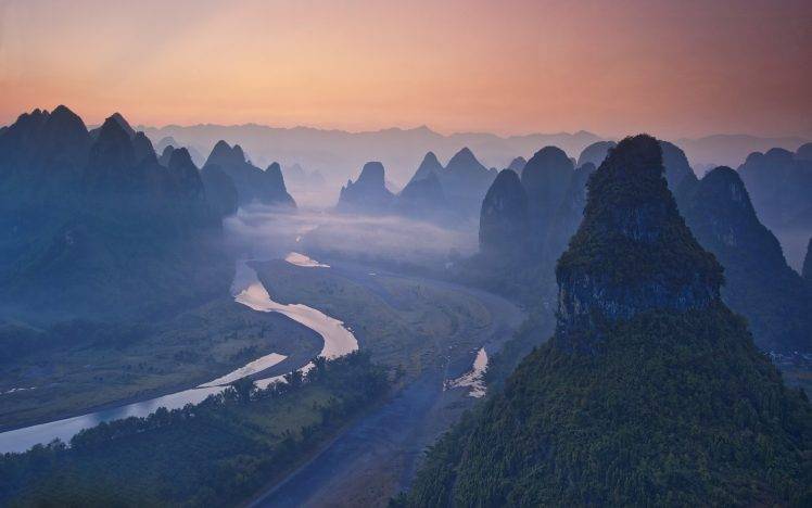 nature, Landscape, River, Mist, China, Mountain, Forest, Sunrise HD Wallpaper Desktop Background