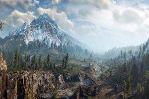 nature, Landscape, Mountain, Forest, Clouds, Mist, Digital Art, River, Snowy Peak, The Witcher 3: Wild Hunt