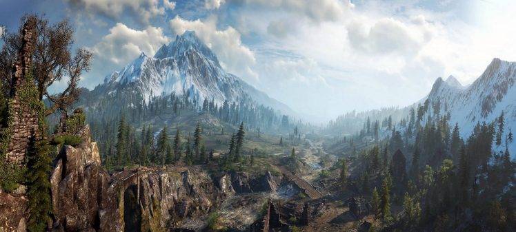 nature, Landscape, Mountain, Forest, Clouds, Mist, Digital Art, River, Snowy Peak, The Witcher 3: Wild Hunt HD Wallpaper Desktop Background