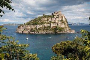 nature, Architecture, Landscape, Old Building, Hill, Trees, House, Italy, Monastery, Island, Clouds, Sea, Boat, Yachts
