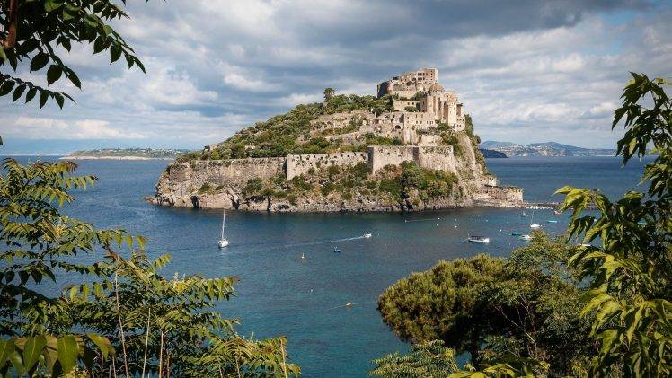 nature, Architecture, Landscape, Old Building, Hill, Trees, House, Italy, Monastery, Island, Clouds, Sea, Boat, Yachts HD Wallpaper Desktop Background
