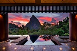 nature, Landscape, Trees, Clouds, Mountain, Forest, Sunset, Interiors, Hotels, Water, Lights, Wooden Surface, St. Lucia, Palm Trees, Luxury