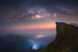 landscape, Nature, Mist, Space, Valley, Milky Way, Long Exposure, Abyss, Mountain, Starry Night, Lights