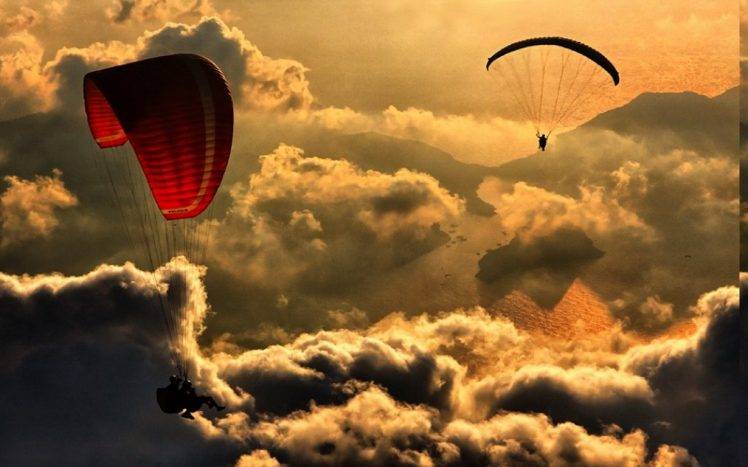 nature, Landscape, Paragliding, Aerial View, Clouds, Sea, Mountain, Flying, Sunset, Freedom, Wind HD Wallpaper Desktop Background