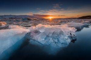 nature, Landscape, Ice, Cold, Sunset, Winter, Frost, Blue, White, Calm, Yellow, Hill, Water