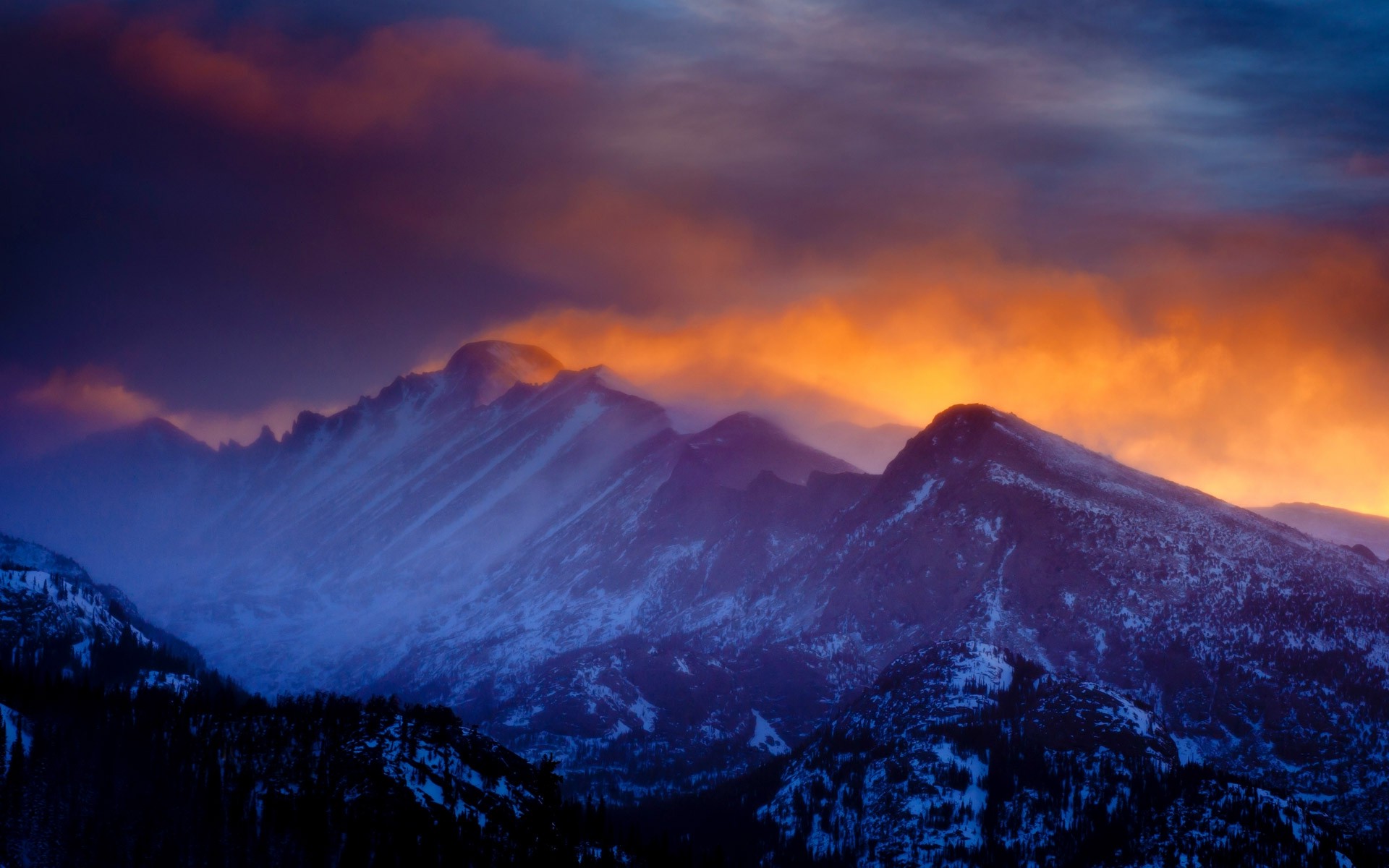 nature, Landscape, Mountain, Sunset, Rocky Mountain National Park, Clouds, Forest, Mist, Snowy Peak, Winter Wallpaper