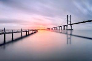 landscape, Pier, Shadow, Photography, Lisbon, Vasco Da Gama Bridge, Long Exposure, Portugal, Calm, Bridge, Water, Sunset