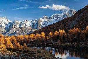 nature, Landscape, Fall, Mountain, Lake, Forest, Alps, Italy, Snowy Peak, Trees