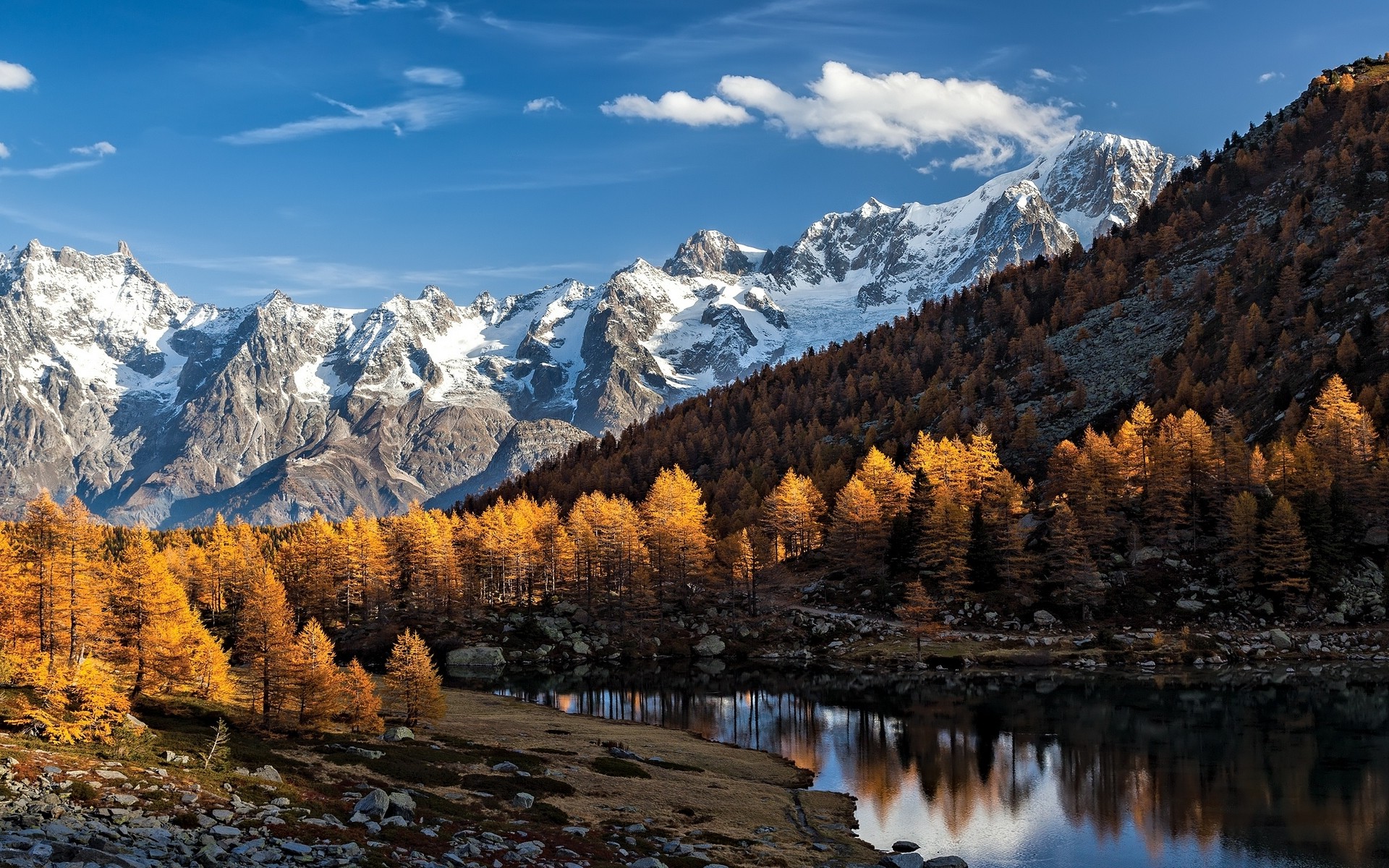 nature, Landscape, Fall, Mountain, Lake, Forest, Alps, Italy, Snowy Peak, Trees Wallpaper