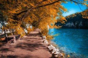 landscape, Nature, Fall, Path, River, Plitvice National Park, Croatia, Bench, Trees, Blue, Water, Yellow