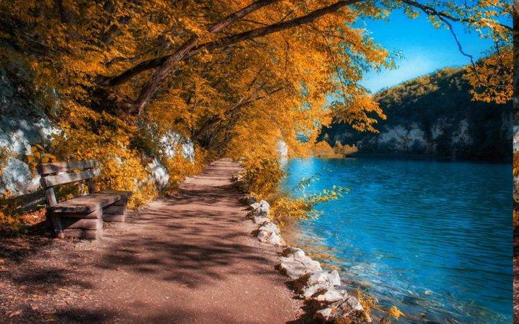 landscape, Nature, Fall, Path, River, Plitvice National Park, Croatia, Bench, Trees, Blue, Water, Yellow HD Wallpaper Desktop Background