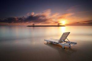 Indonesia, Beach, Bali, Village, Landscape, Sunset, Sea, Chair, Photography, Water, Clouds, Motion Blur, Luxury, Deck Chairs