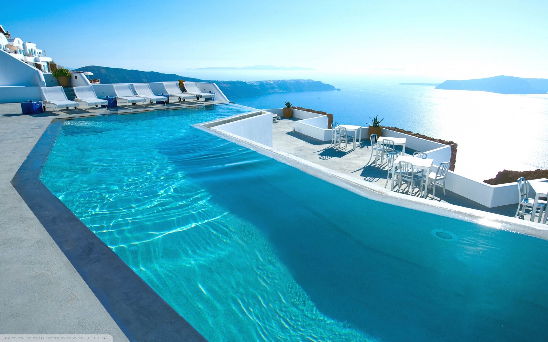 hotels, Luxury, Water, Santorini, Chair, Mountain, Landscape, Swimming Pool, Photography Wallpaper
