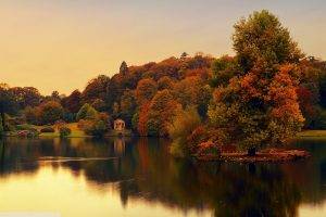 England, Nature, Landscape, Trees, Water, River, House, Bridge, Sunset