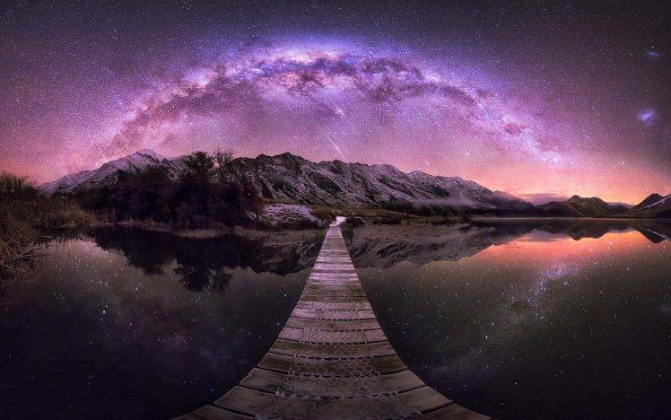 nature, Landscape, New Zealand, Lake, Mountain, Milky Way, Long Exposure, Walkway, Starry Night, Reflection, Shrubs HD Wallpaper Desktop Background