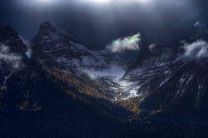 nature, Landscape, Mountain, Forest, Sun Rays, Snowy Peak, Banff National Park, Clouds, Canada
