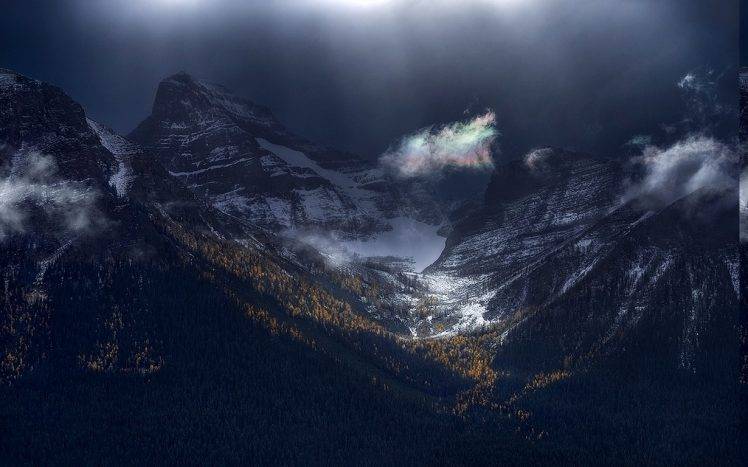 nature, Landscape, Mountain, Forest, Sun Rays, Snowy Peak, Banff National Park, Clouds, Canada HD Wallpaper Desktop Background