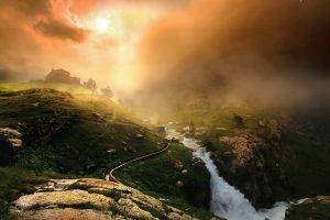 nature, Landscape, Italy, River, Mountain, Mist, Sunrise, Cabin, Alps
