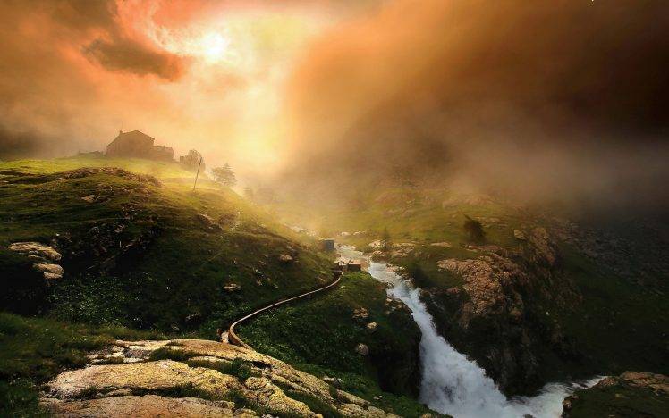nature, Landscape, Italy, River, Mountain, Mist, Sunrise, Cabin, Alps HD Wallpaper Desktop Background