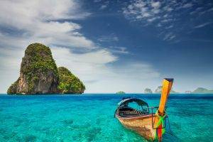 sea, Halong Bay, Island, Rock, Railay Beach, Boat, Water, Nature, Trees, Sky, Clouds, Landscape