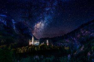 architecture, Castle, Nature, Landscape, Hill, Trees, Forest, Neuschwanstein Castle, Germany, Night, Milky Way, Stars, Mountain, Long Exposure, Snowy Peak, Lights