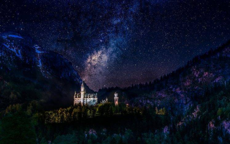architecture, Castle, Nature, Landscape, Hill, Trees, Forest, Neuschwanstein Castle, Germany, Night, Milky Way, Stars, Mountain, Long Exposure, Snowy Peak, Lights HD Wallpaper Desktop Background