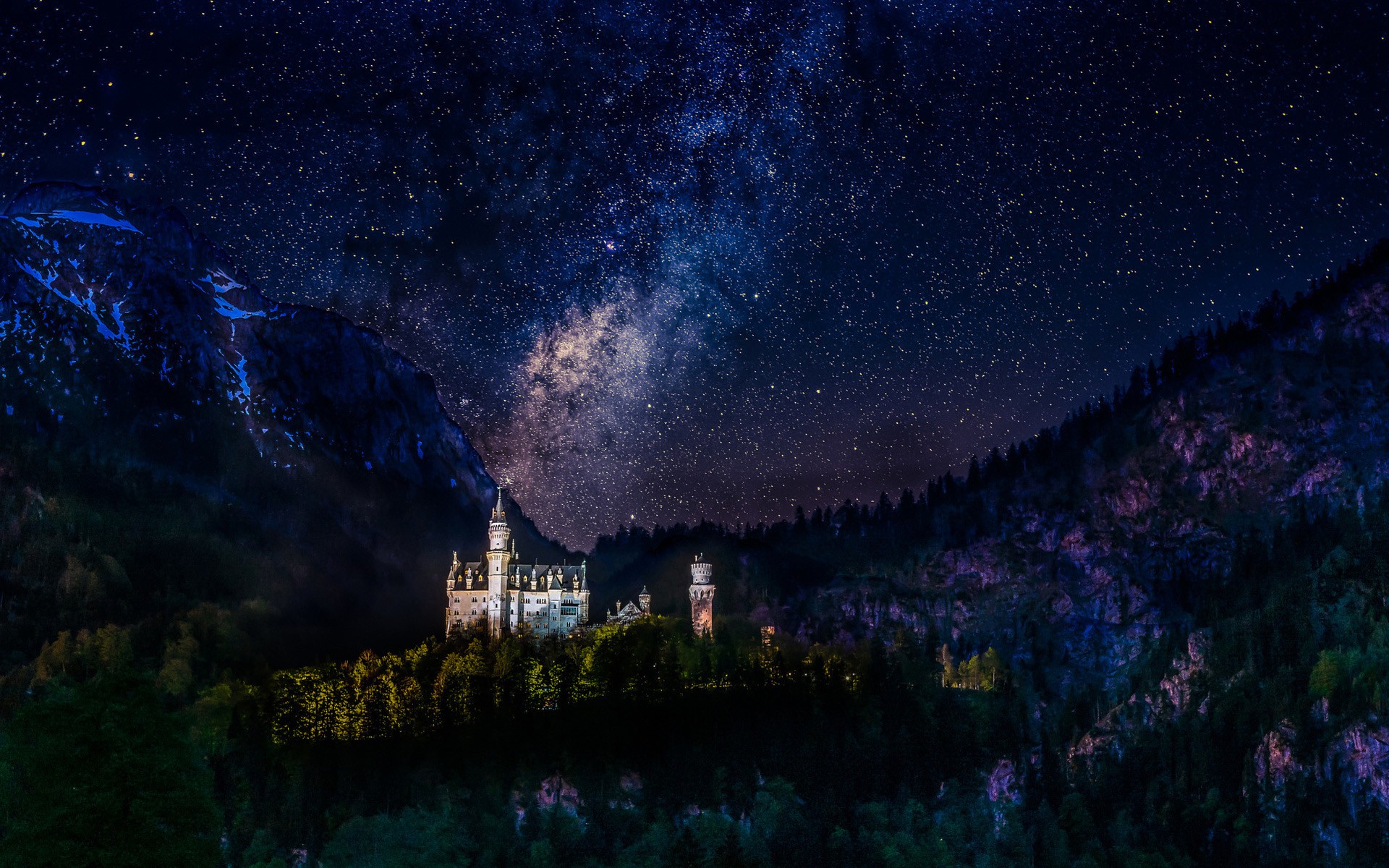 architecture, Castle, Nature, Landscape, Hill, Trees, Forest, Neuschwanstein Castle, Germany, Night, Milky Way, Stars, Mountain, Long Exposure, Snowy Peak, Lights Wallpaper
