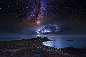 nature, Landscape, Coast, Long Exposure, Starry Night, Milky Way, Storm, Sea, Lighthouse, Space, Clouds