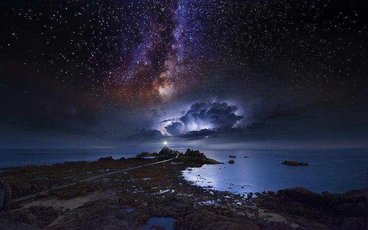 nature, Landscape, Coast, Long Exposure, Starry Night, Milky Way, Storm, Sea, Lighthouse, Space, Clouds HD Wallpaper Desktop Background