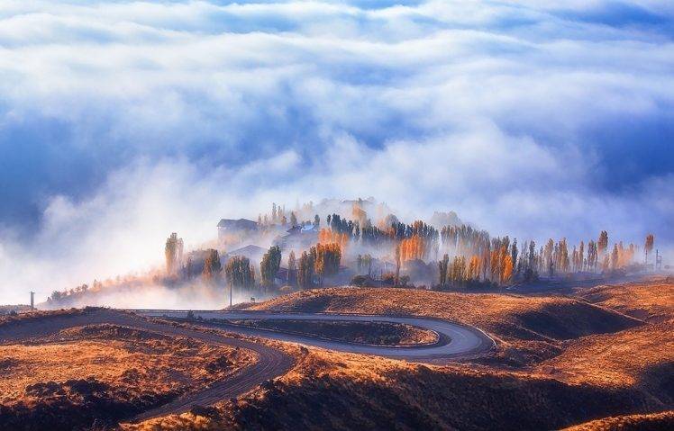 nature, Landscape, Road, Mist, Fall, Clouds, Forest, Sunrise, Trees, Hairpin Turns HD Wallpaper Desktop Background