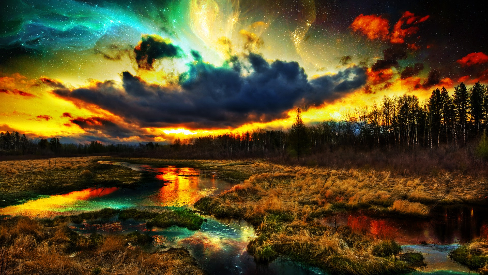 digital Art, Nature, River, Clouds, Stars, Forest, Colorful, Landscape Wallpaper