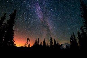 landscape, Night, Trees, Stars, Milky Way, Sunrise, Silhouette, Mountain, Forest, Nature, Long Exposure