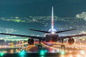 landscape, Night, Lights, Airport, Hill, Runway, Japan, Osaka, Wings, Turbine, Cityscape, Rear View, Passenger Aircraft
