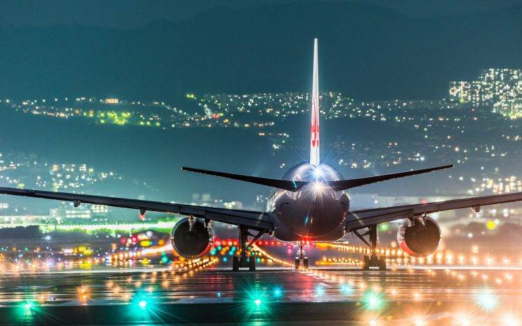 landscape, Night, Lights, Airport, Hill, Runway, Japan, Osaka, Wings, Turbine, Cityscape, Rear View, Passenger Aircraft HD Wallpaper Desktop Background