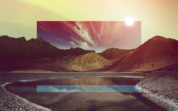 artwork, Photo Manipulation, Nature, Mountain, Rock, Sun, Water, Hill, Glitch Art, Reflection, Landscape HD Wallpaper Desktop Background